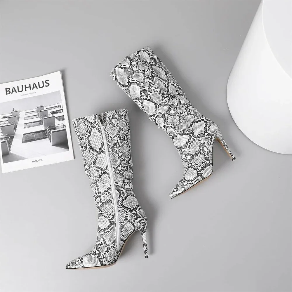 Women Snakeskin PU Knee High Exquisite Pointed Toe Fine High Heels Pleated Boots